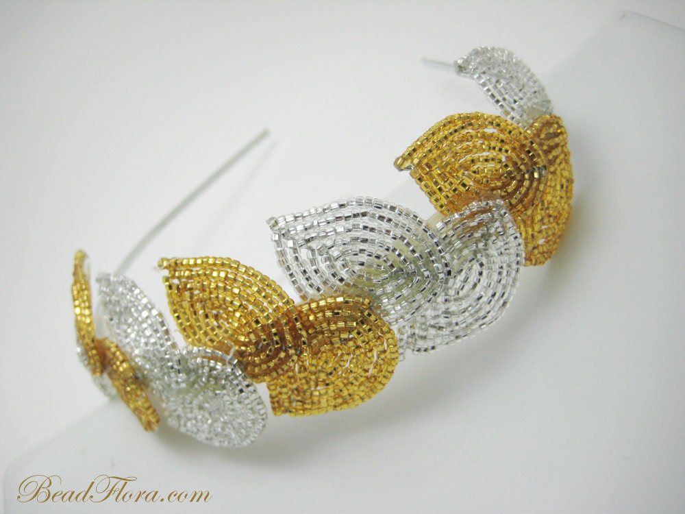 Silver and Gold beaded headband, hairband. gold leaf laurel, Grecian goddess inspired autumn accessories-- member of the artisan group