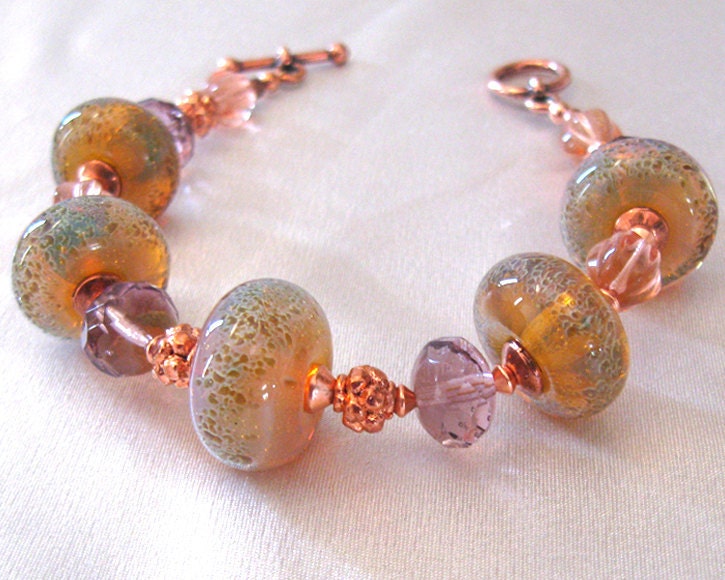 Lampwork Glass Bracelet, Copper and Art Glass Beads, Dawn to Sunset