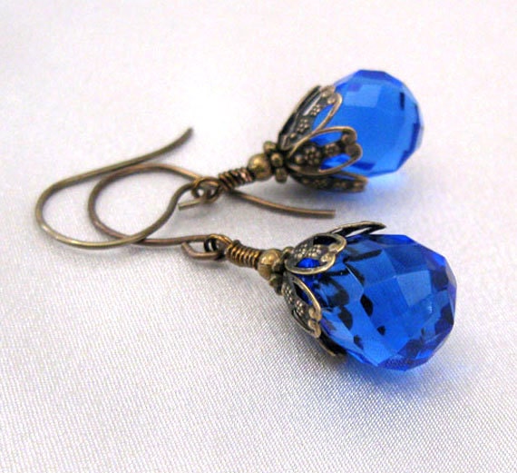 Cobalt Blue Glass Earrings, Faceted Briolettes, Antique Brass, Vintaj Hooks