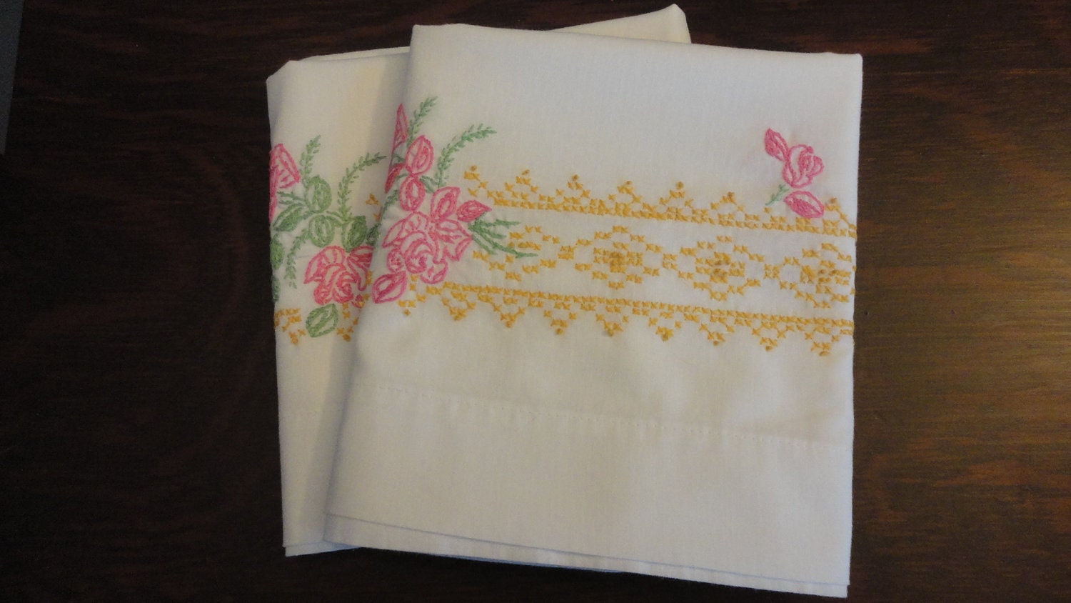 Vintage Embroidered Pillowcases Pink Roses Gold Cross Stitch