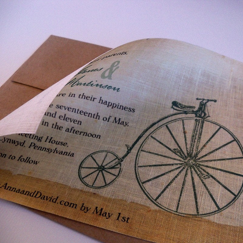 Bicycle wedding invitation on linen fabric modern rustic with high wheeler bike, set of 25