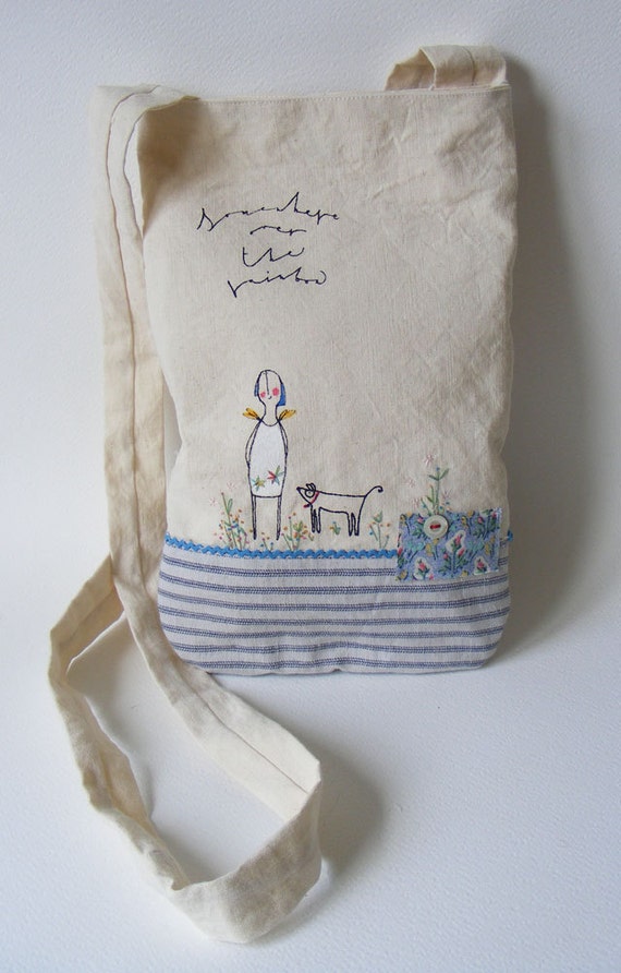 Handmade cross body bag Screen print Vintage French Linen