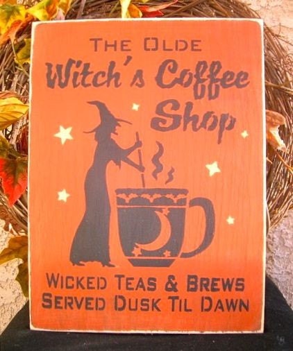Witch's Coffee Shop Halloween Sign Bats Wiccan Wicca Plaque Decoration
