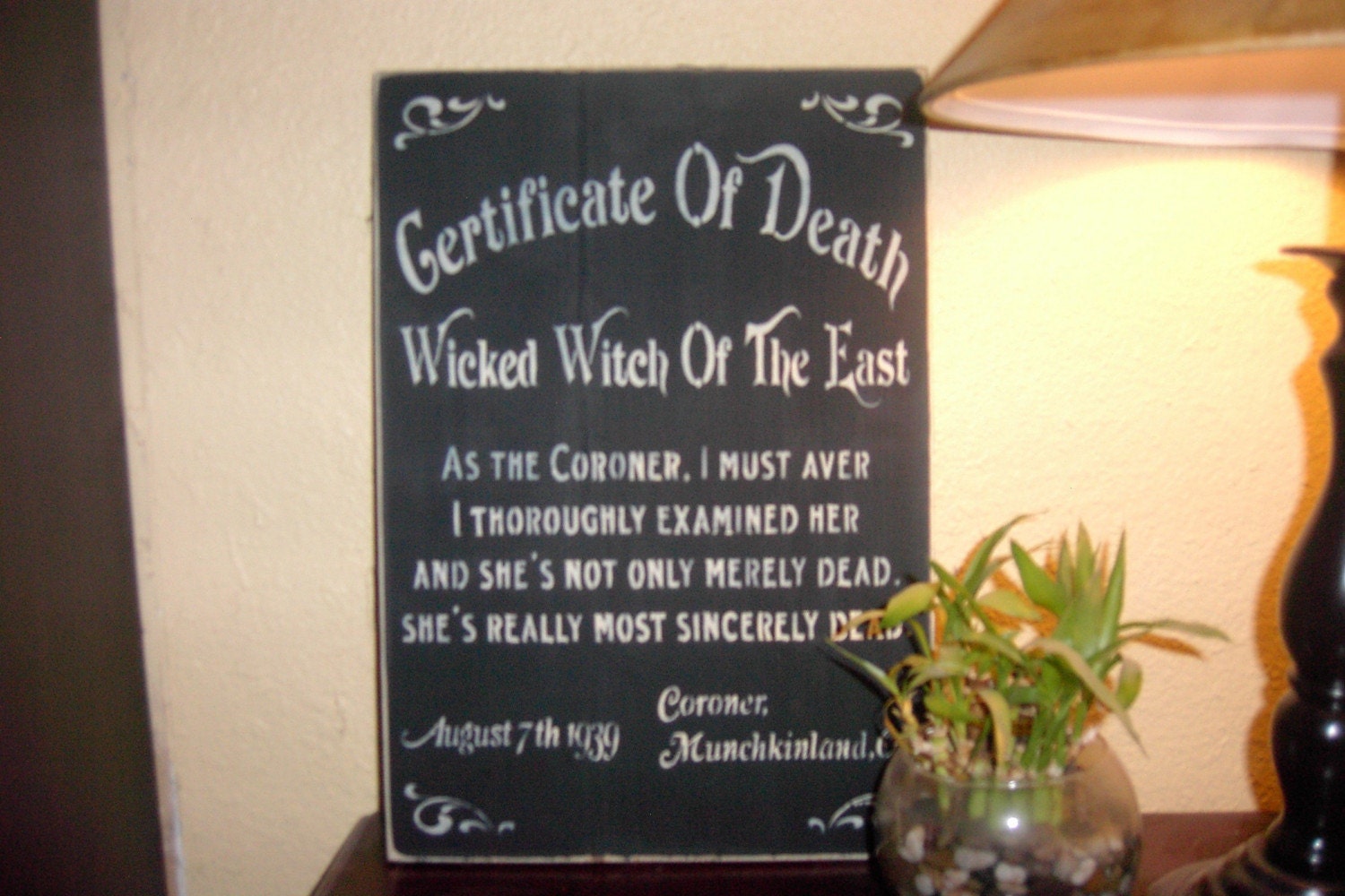 Certificate of Death Wicked Witch of the East Wizard of Oz Halloween sign wall hanging