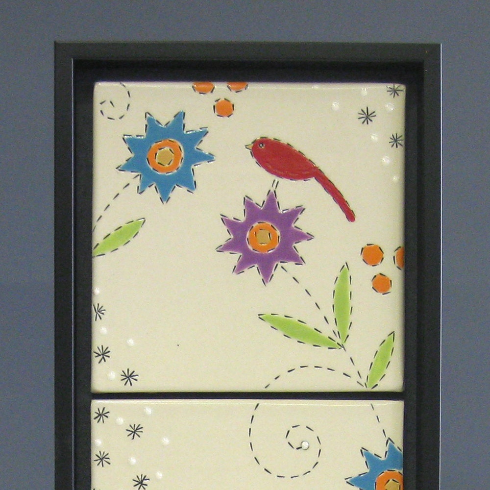 Handmade Ceramic Tile Tryptich- Red Birds and Star Flowers - Wallhanging - Wall Art - Framed