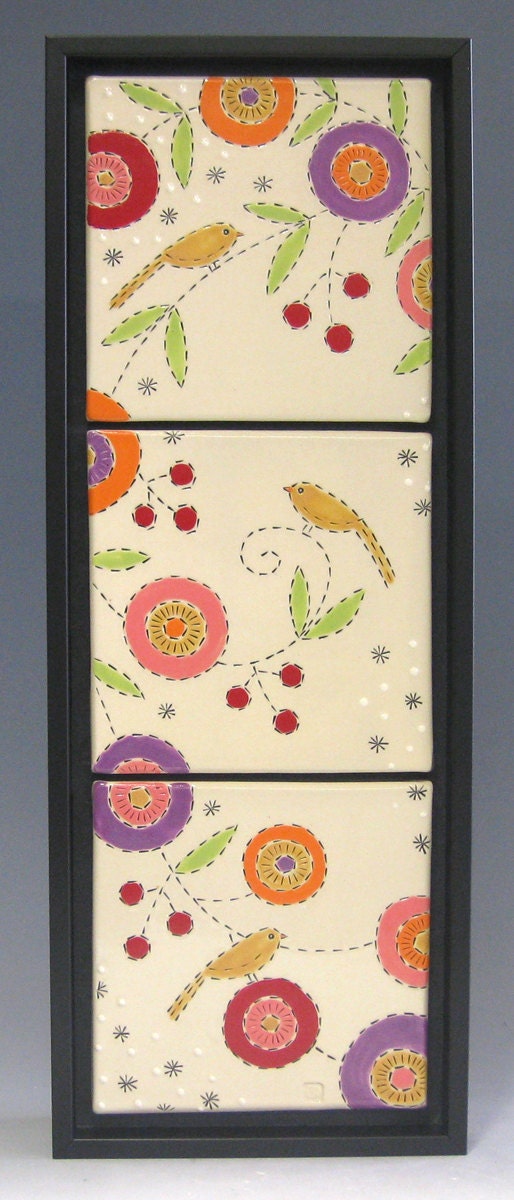 Handmade Ceramic Tile Tryptich - Gold Birds and Circle Flowers - Wallhanging - Wall Art - Framed