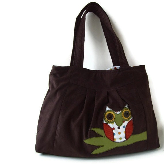 Brown Corduroy Owl Purse with Polka Dot Interior