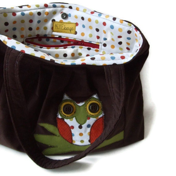 Brown Corduroy Owl Purse with Polka Dot Interior