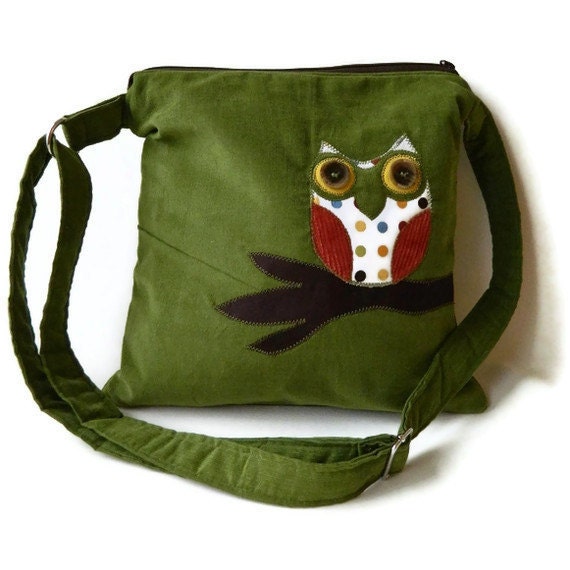 Simple Zipper Side Bag-- Olive Green Corduroy Owl Bag with Polka Dot Interior