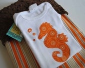 AIDEN BABY gift SET..... Orange and brown striped cotton and minky blanket with Orange seahorse appliqued on baby bodysuit