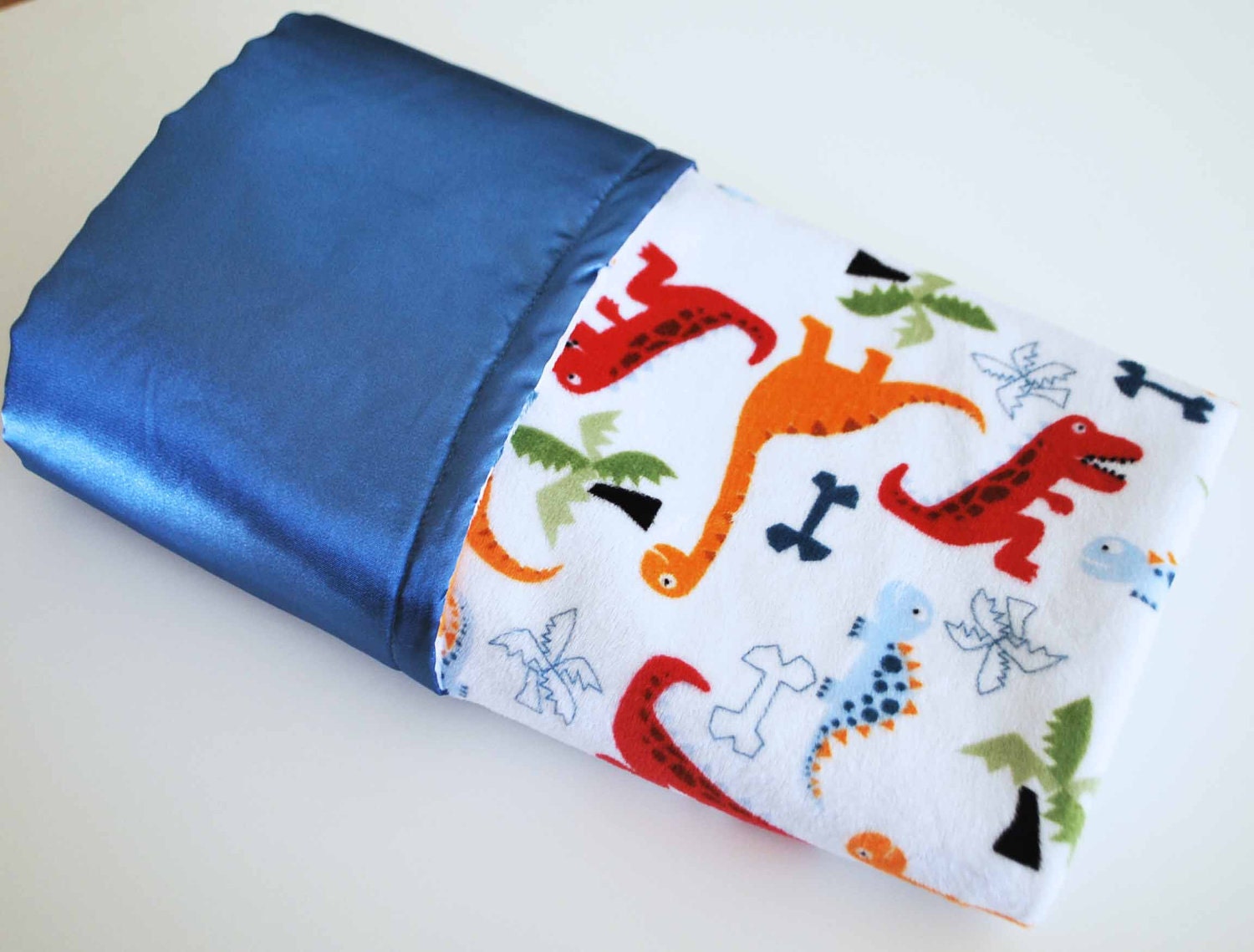 BABY BOY mini  BLANKET.......Colorful Dinosaur minky print with coordinating satin......... Adorable baby shower gift