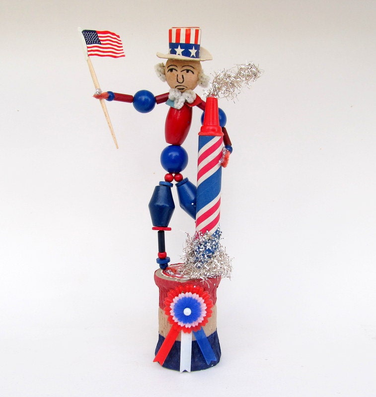SALE Vintage Patriotic Uncle Sam Decoration Spun Cotton July 4th Red White and Blue