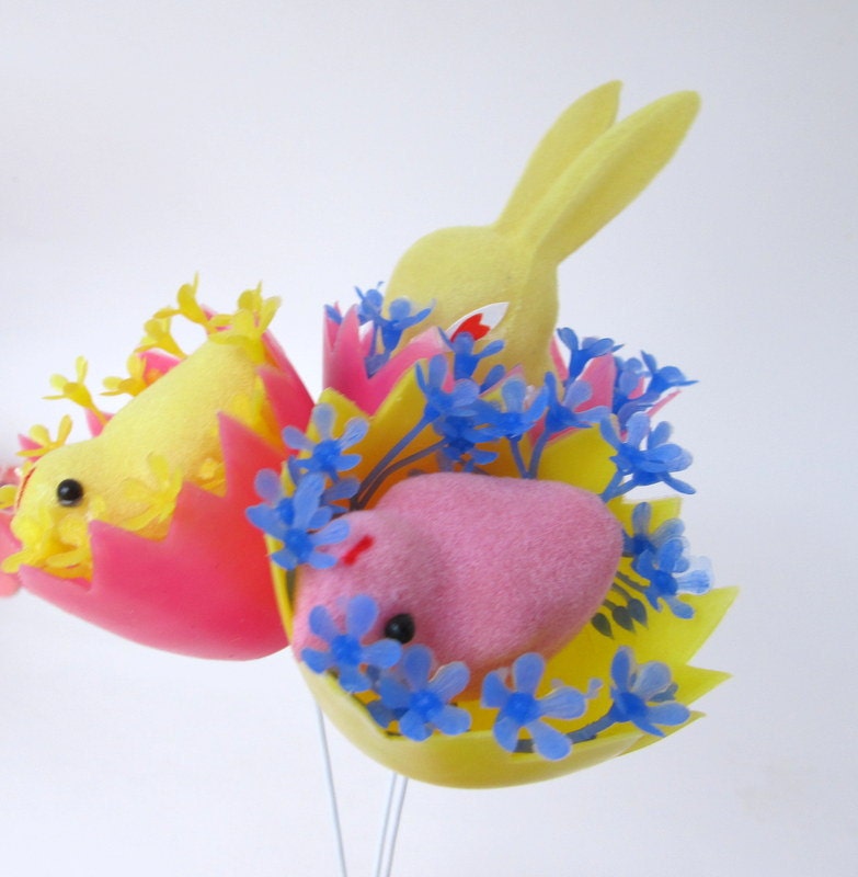 SALE Vintage Flocked Bunny and Chicks in Plastic Eggs Picks Set of Three