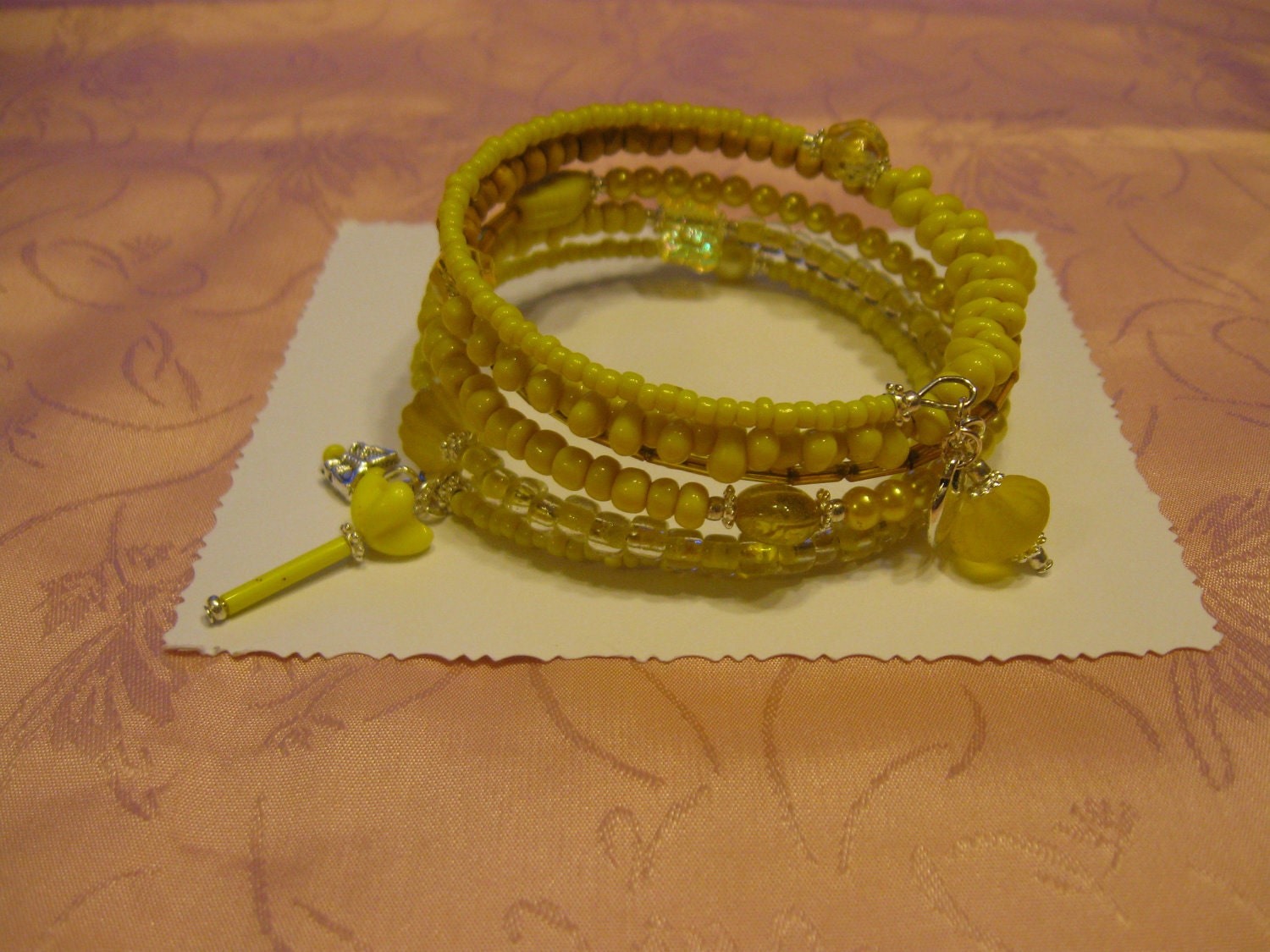 Vintage Yellow Czechoslovakian Flower,Beaded Memory Wire Bracelet