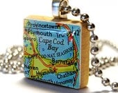 CAPE COD Bay Map : a pendant charm made from a Scrabble Game Tile game piece