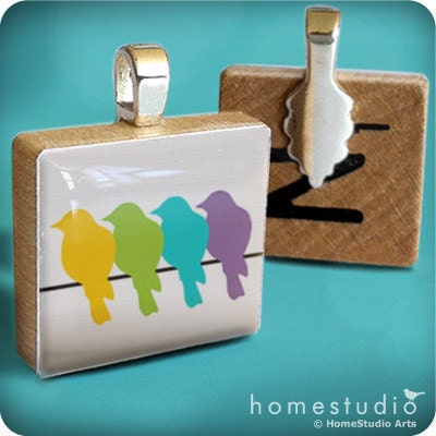 BIRD TALK (Color) : a cute art pendant charm made on a Scrabble game tile piece