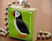 PUFFIN : a cute art pendant charm made on a Scrabble game tile piece