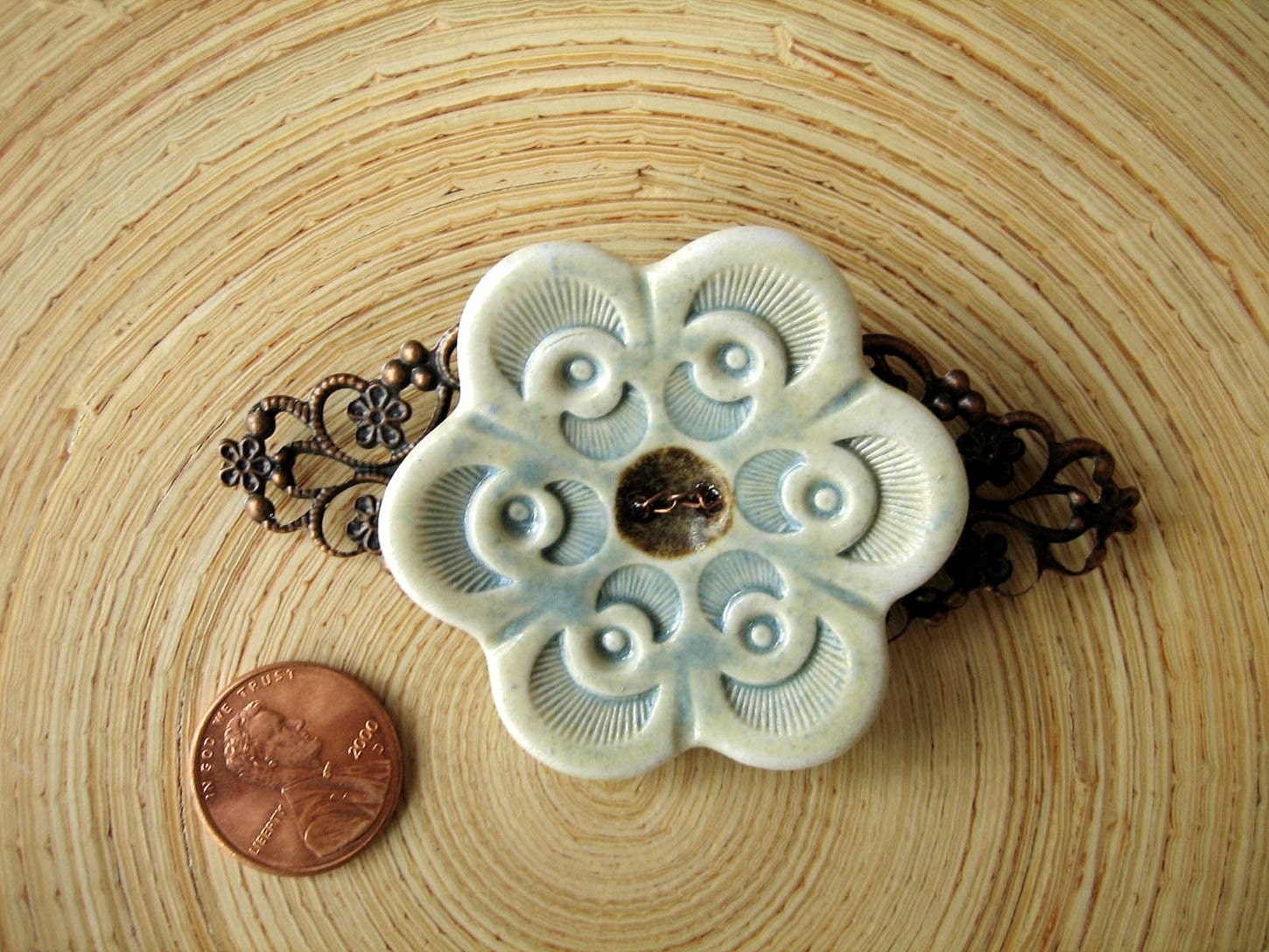 Brooch Porcelain Flower Button and Copper Filigree Green Blue Aqua Spring 2010