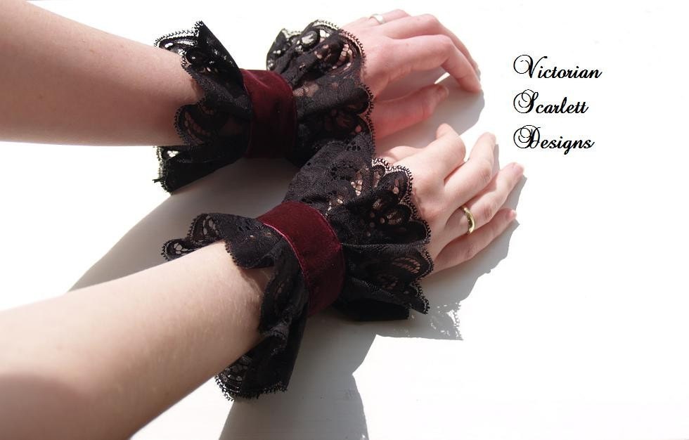 Gothic Victorian or Steampunk black lace wrist cuffs with velvet in many colors custom made by Victorian Scarlett Designs KA003 - VictorianScarlett
