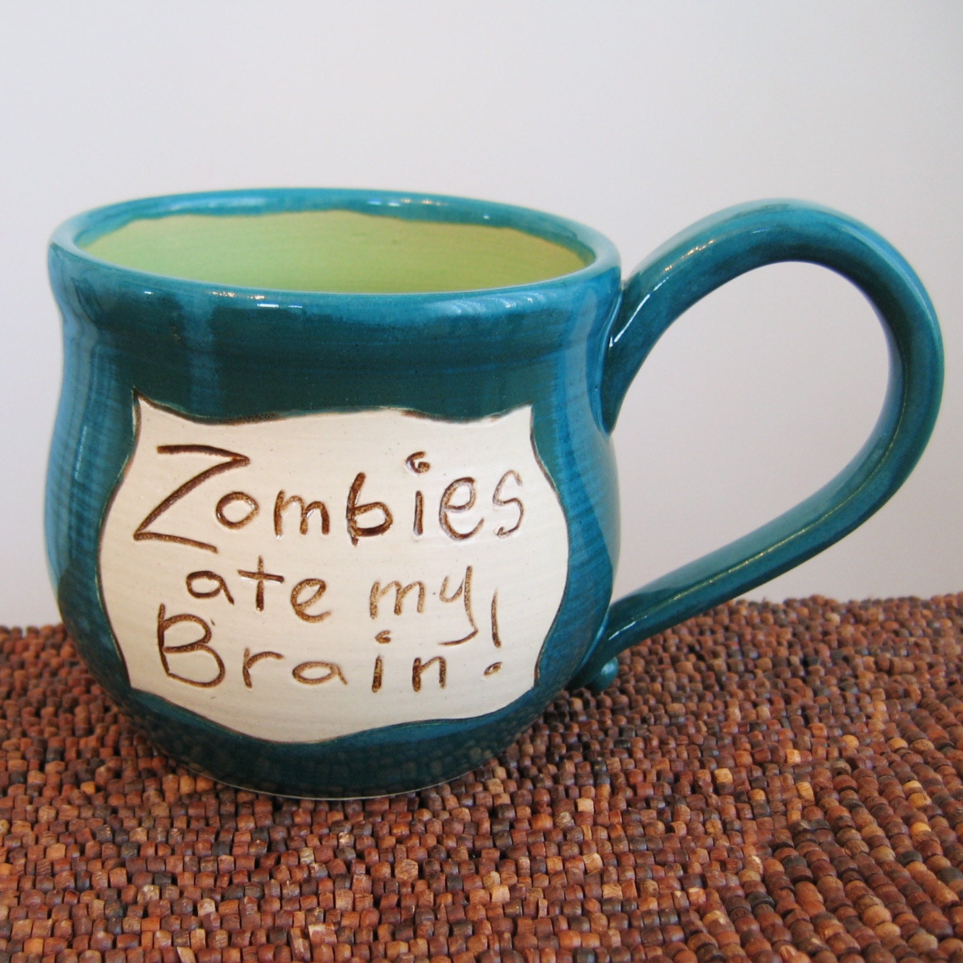 Zombies Ate My Brain Mug in Apple and Peacock 22 oz. Large Stoneware Pottery Coffee Mug