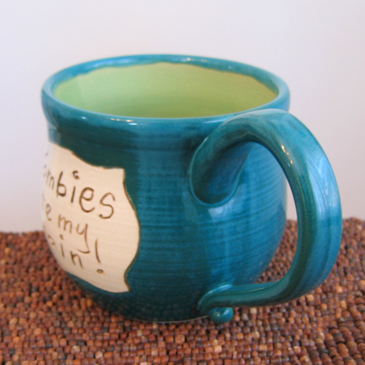 Zombies Ate My Brain Mug in Apple and Peacock 22 oz. Large Stoneware Pottery Coffee Mug