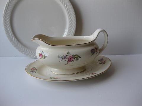 Vintage Homer Laughlin Household Institute Priscilla Cream and Floral Gravy Boat and Underplate