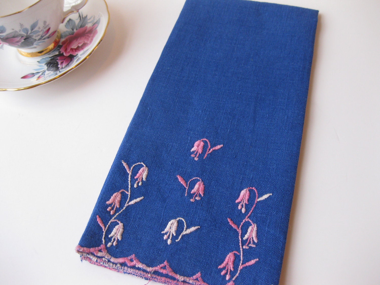 Vintage Blue and Pink Floral Applique Linen Tea Towel