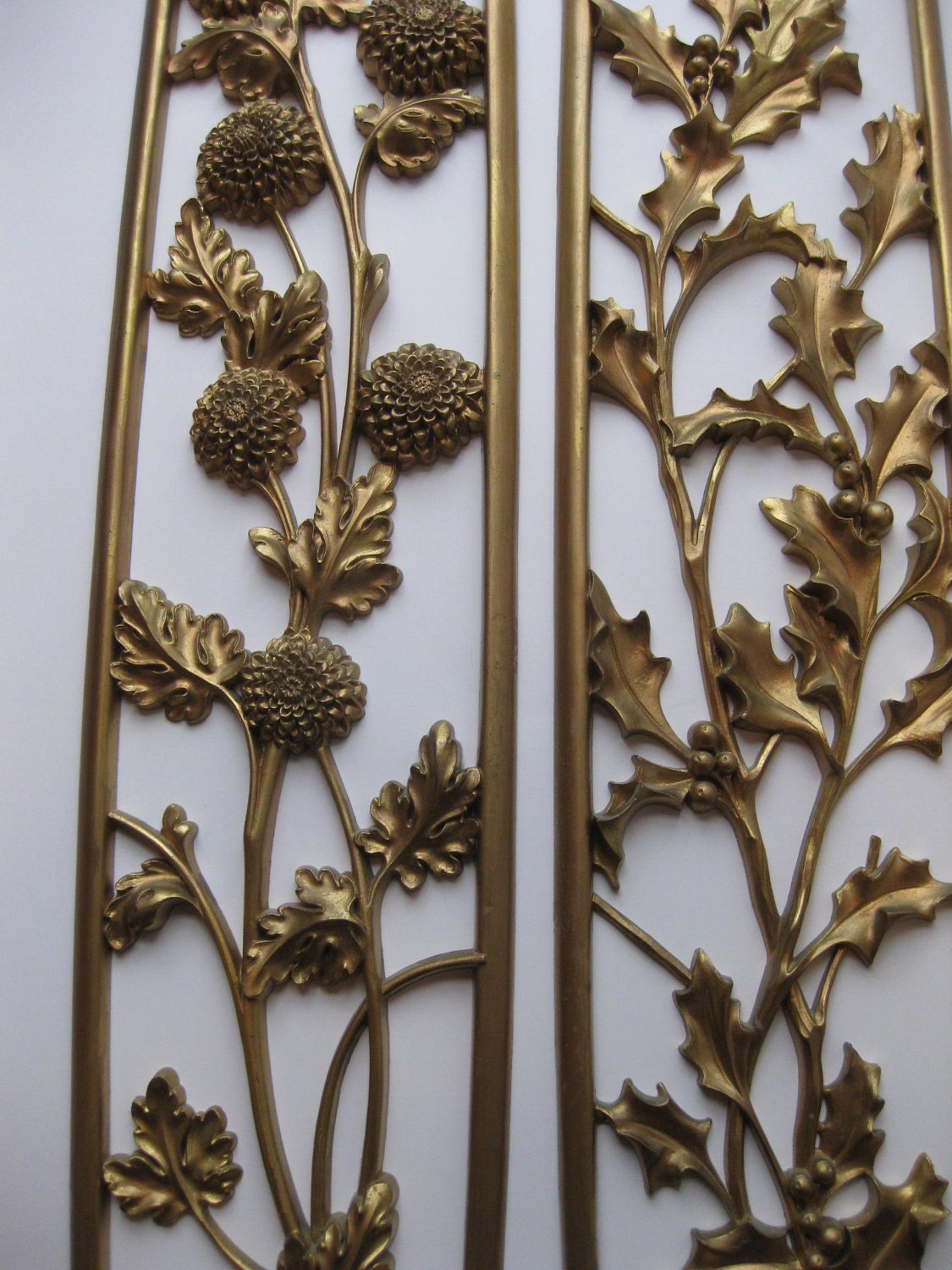 RESERVED ITEM Vintage Syroco Retro Floral Holly Goldtone Wall Hangings Pair