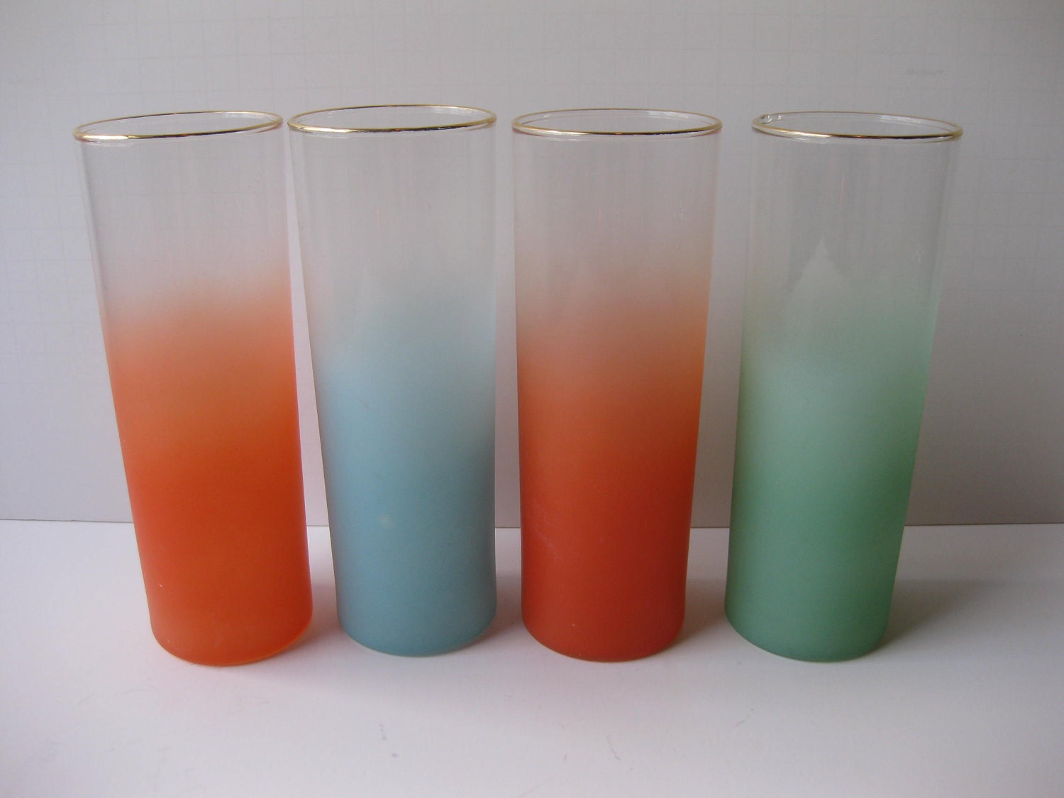 Vintage Federal Frosty Orange Aqua Green Iced Tea Tumblers Set of Four