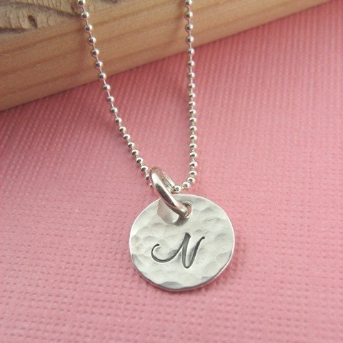 Round Initial Charm Pendant Necklace - Custom Hand Stamped Teeny Tinies  Round Hammered Pendant - Your Choice of Initial - Custom Fonts