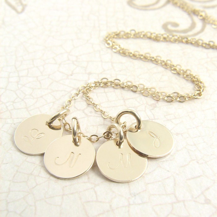Personalized Custom Quadruple Initial Pendant Necklace - Unblackened - Your Choice of Initials - Custom Hand Stamped