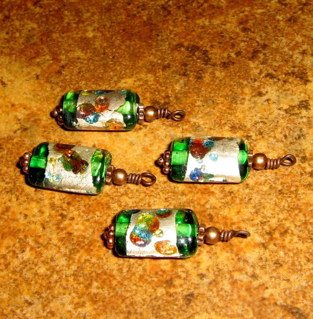 Bead Drop Dangles (c42) - Green Glass Pillow Beads, and Antiqued Copper