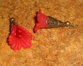 Vintage Style Bead Drop Dangles (b120) - Red Lucite FLowers, Swarovski Crystals, and Antiqued Brass