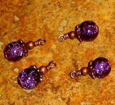Vintage Style Bead Drop Dangles (c111) - Purple Glass Crackle Beads and Antiqued Copper