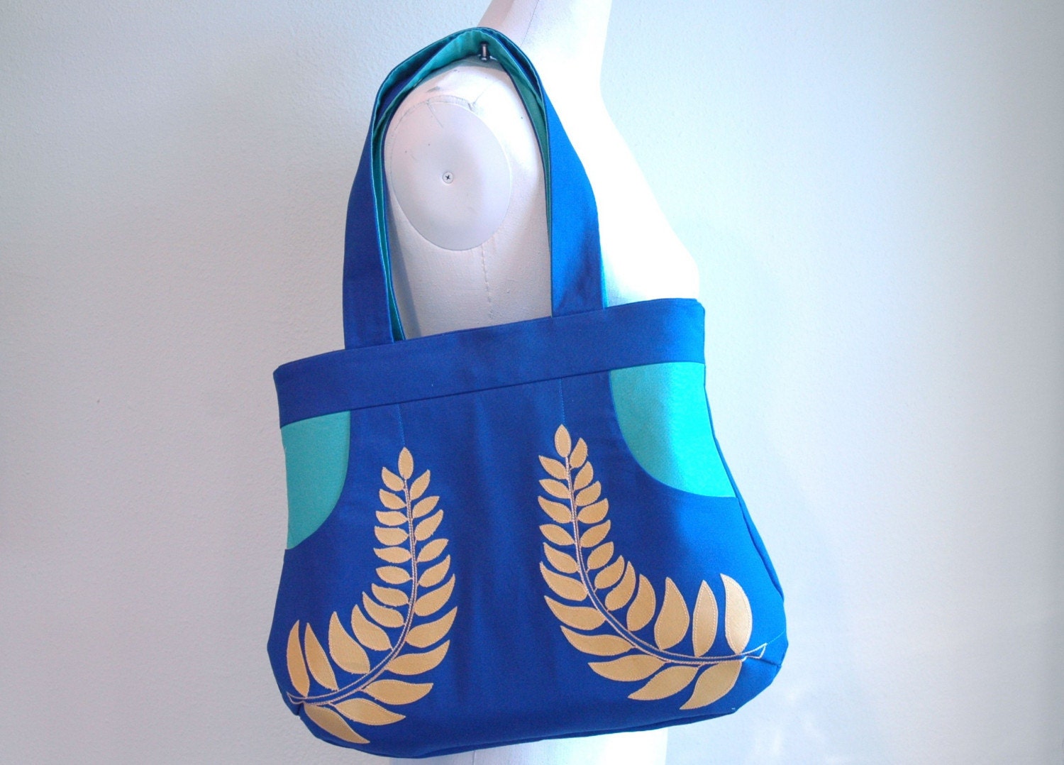 Laureate Handbag in Blue and Teal with Gold Leaves
