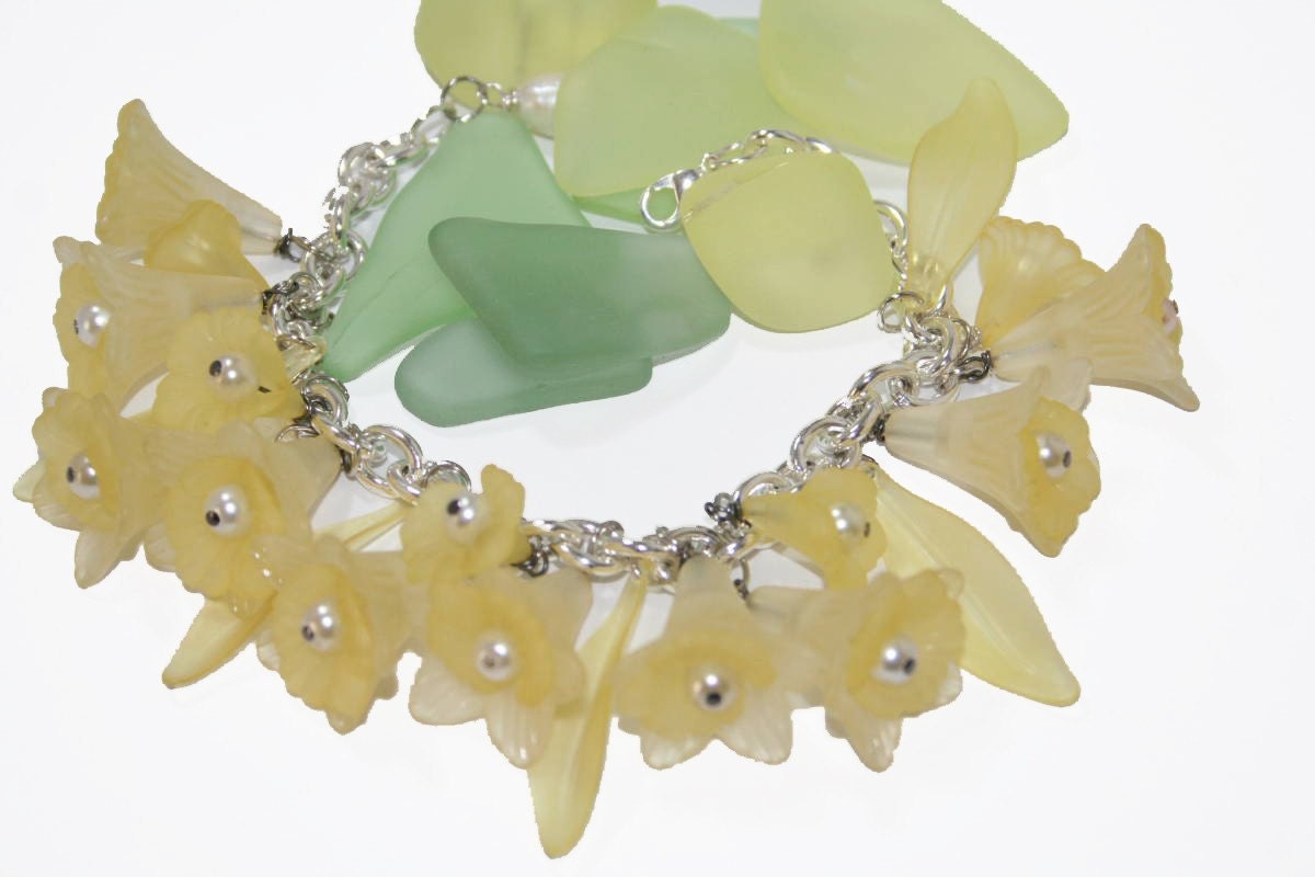 Bracelet All Yellow Lucite Flowers Charm Bracelet  White Pearls