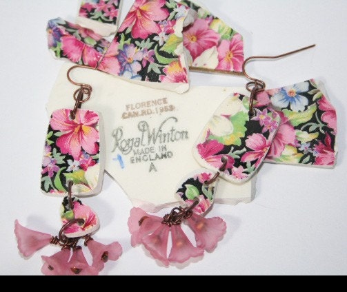 Earrings Vintage Chintzware Flower Dangles