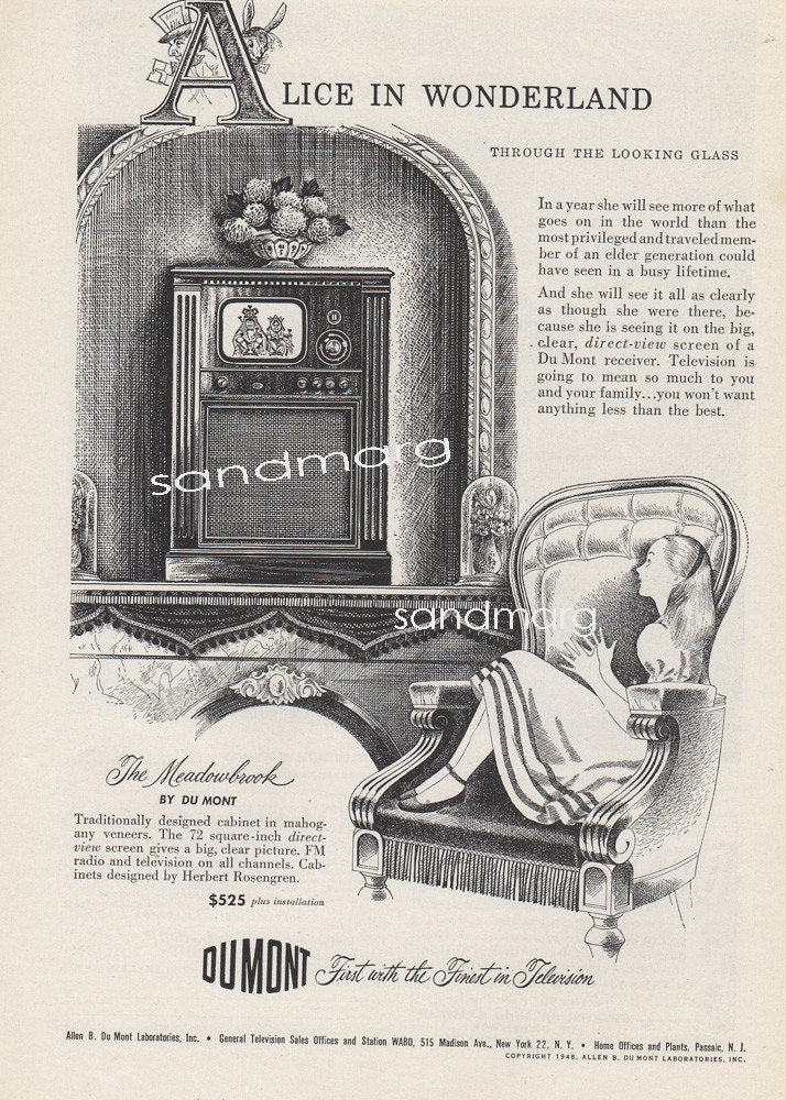 Vintage 1948 Print Ad Alice in Wonderland Through the Looking Glass Du Mont Television Receiver