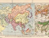 Vintage 1920 Map of Asia Japan Siberia China India Philippines Vegetation Orographical
