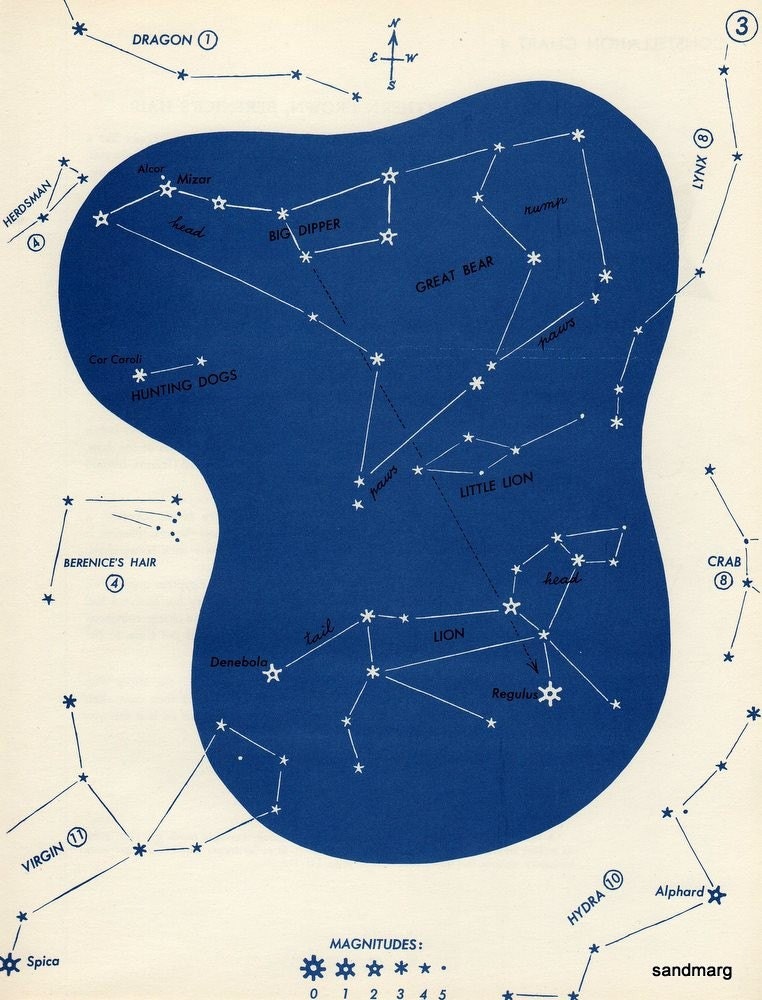 1952 Star Constellation Chart Great Bear Lion Leo Hunting Dogs Little Lion