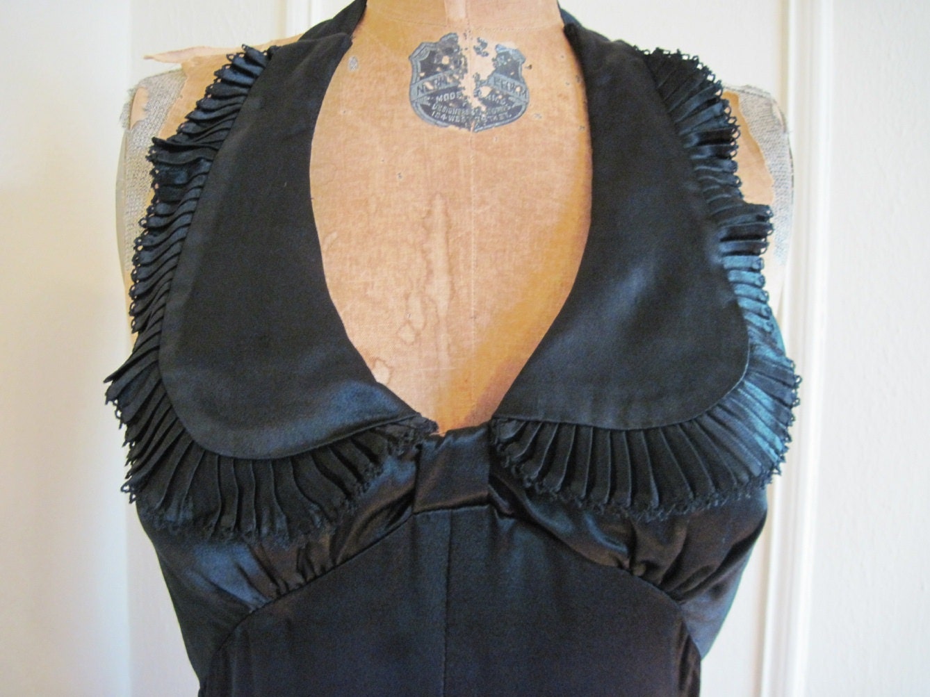 vintage 70s Black Satin Halter Dress s/m