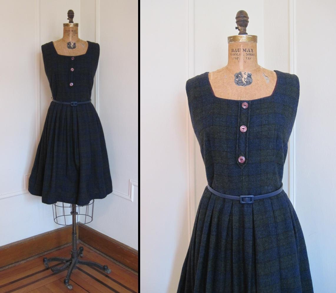 1950s Dark Blue and Gray Plaid Jumper Dress xl