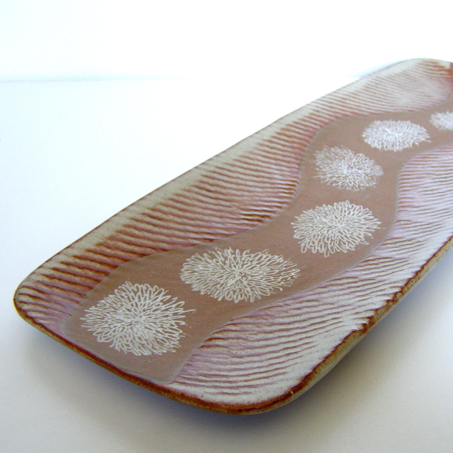 Long Tray with Chrysanthemum Image in White, on Brown Clay with Shino Glaze