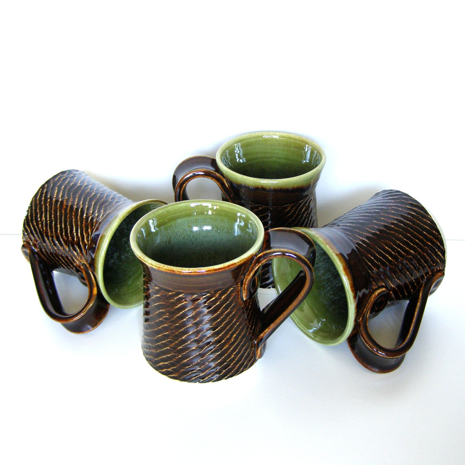 Set of Four Brown and Green Glossy Rope Impressed Mugs