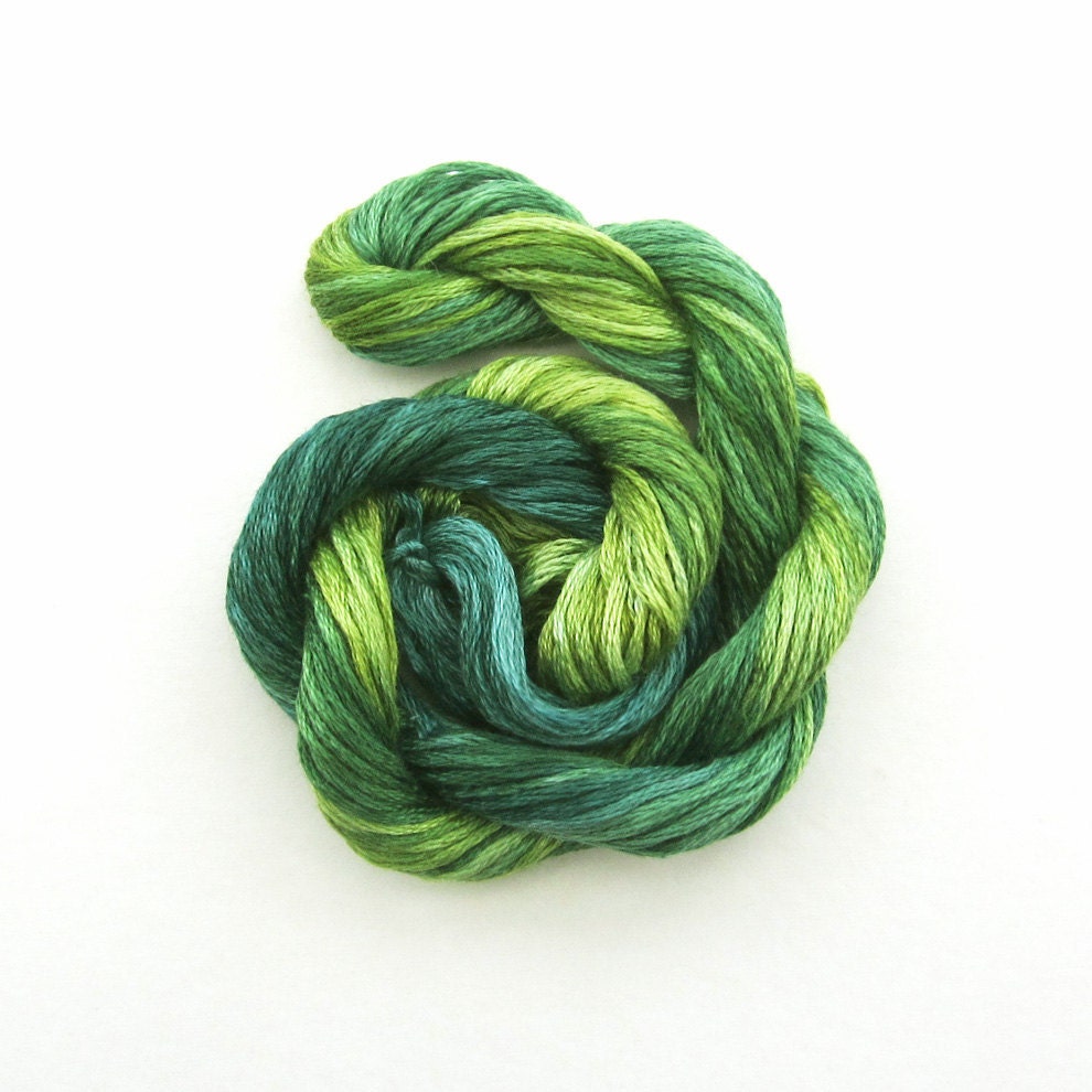 Hand dyed stranded cotton embroidery floss, 20m skein -  dark forest green, emerald green, light green