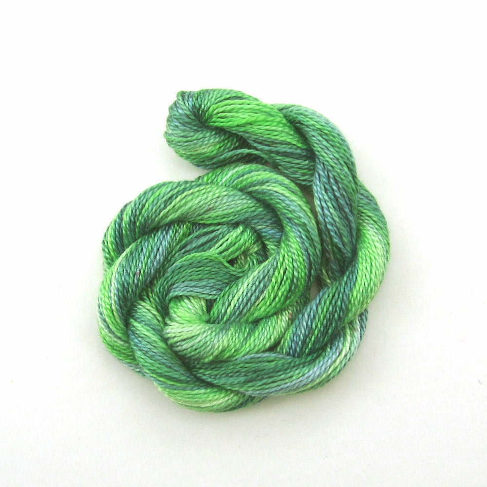 SALE - Hand dyed cotton perle 8 embroidery yarn, 30m skein - light green, emerald green, light jade