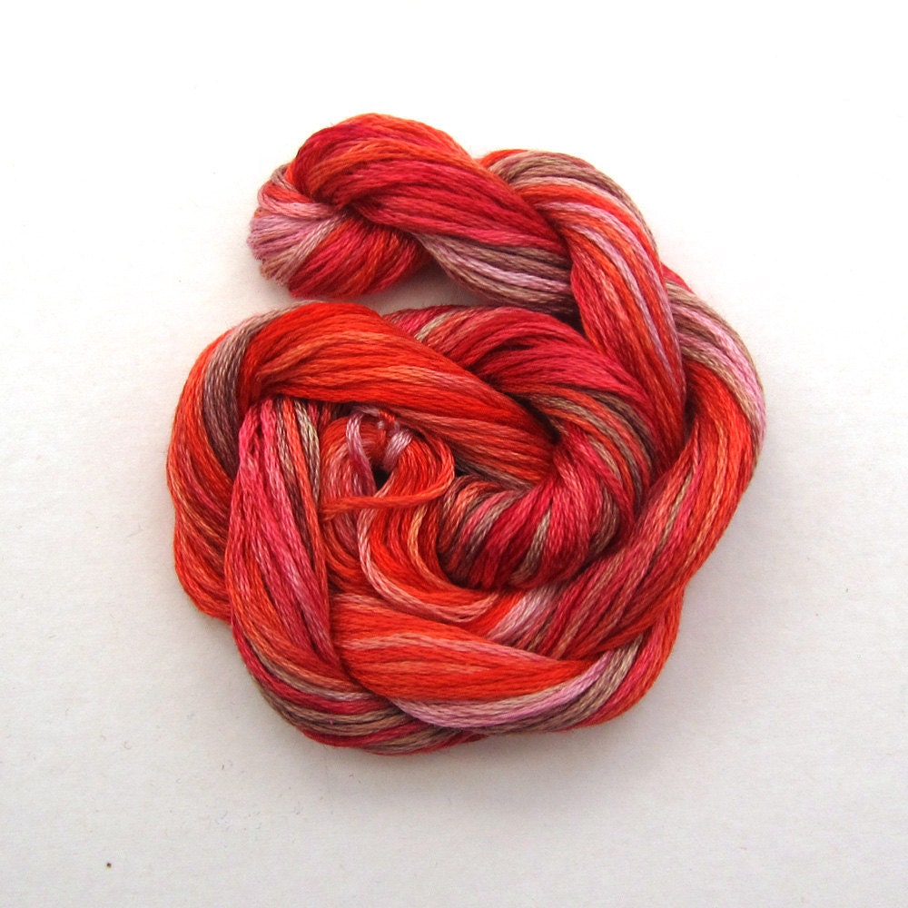 Hand dyed stranded cotton embroidery floss, 20m skein - red, dark pink, light pink, light brown,