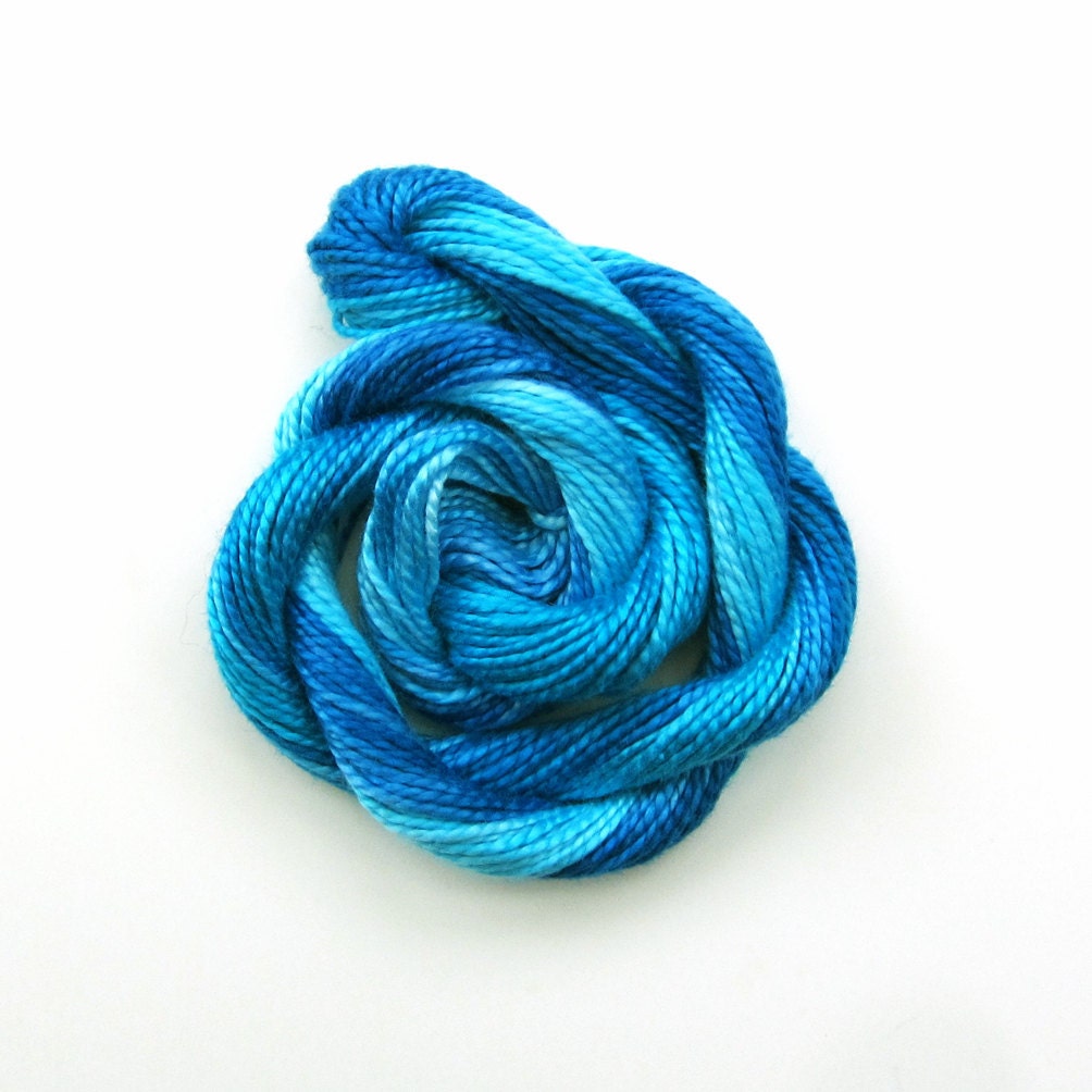 Hand dyed cotton perle 5 embroidery thread, 20m skein - bright blue, royal blue, light blue, turquoise, sky