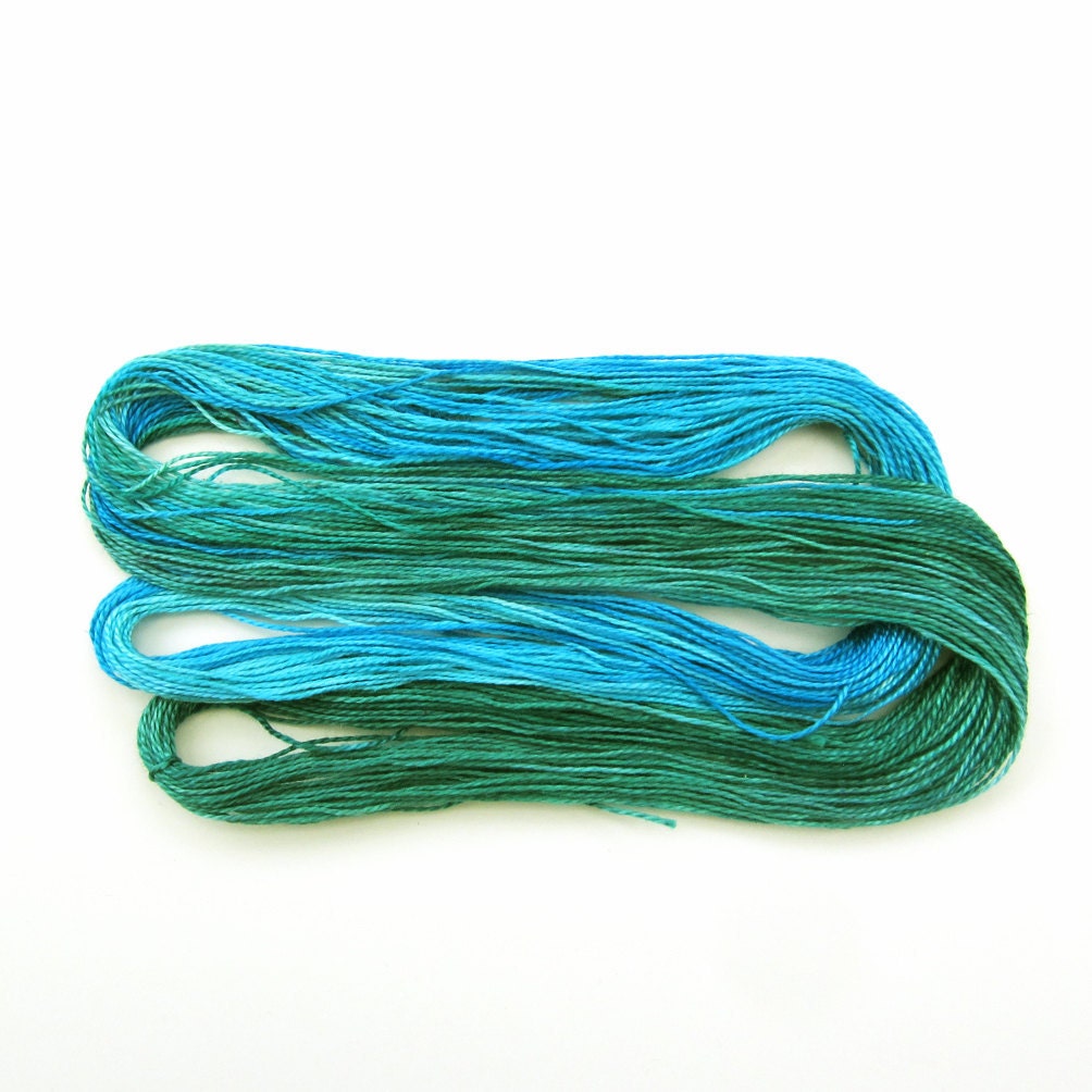 Hand dyed cotton perle 8 embroidery thread, 30m skein - sky blue, teal green, bright blue
