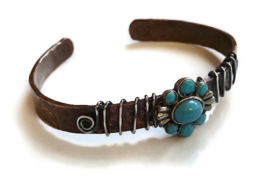 Upcycled OOAK Copper Bangle with Turquoise